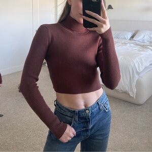 Brown cropped ribbed, turtleneck sweater